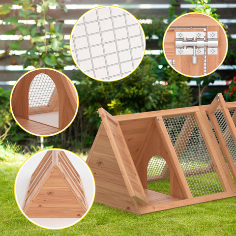 Outdoor A Frame Rabbit Hutch And Small Animal Coop With Two Door Run Cage in wood and wire with detailed inserts and garden setting.