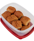 Heavy-Duty No-Brainer Stackable Food Storage Container 2.5 Gallon With Easy Find Lids, Racer Red, holding bread rolls