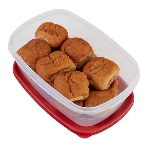 Heavy-Duty No-Brainer Stackable Food Storage Container 2.5 Gallon With Easy Find Lids, Racer Red, holding bread rolls