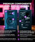 Front and back view of Pro Grade Wired Studio Monitors for PC with 3.5 inch drivers, featuring key audio components.