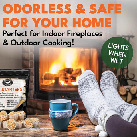 Fire Starter Pods In Resealable Packs For Campfires, BBQ, Grill, Pit And Wood Stove by cozy fireplace, lights when wet