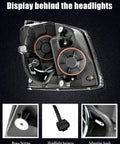 Rear view of Volvo VNL Headlight Pair Set Black Housing Halogen Lamps for 2004-2018 VN trucks showing wiring and components