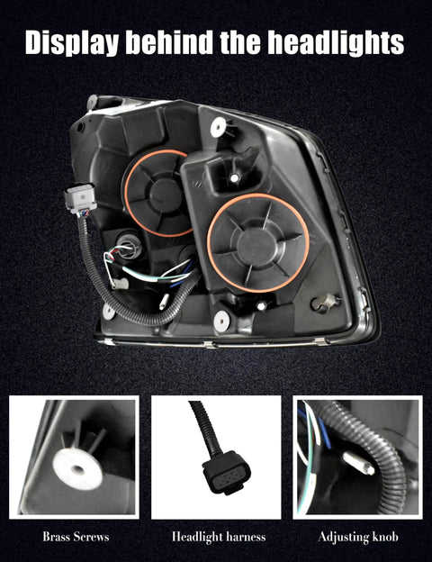 Rear view of Volvo VNL Headlight Pair Set Black Housing Halogen Lamps for 2004-2018 VN trucks showing wiring and components