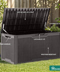 100 Gallon Large Deck Box Outdoor Resin Storage For Patio Furniture Cushions And Garden Tools Weatherproof Lockable Lid With Gas Strut Side Handles And Sturdy Bench Seating