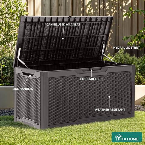 100 Gallon Large Deck Box Outdoor Resin Storage For Patio Furniture Cushions And Garden Tools Weatherproof Lockable Lid With Gas Strut Side Handles And Sturdy Bench Seating