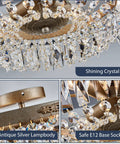 Close-up of Antique Silver French Empire Crystal Semi Flush Mount Chandelier LED Ceiling Light Fixture with E12 bulb sockets.
