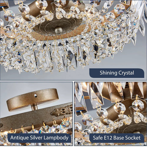 Close-up of Antique Silver French Empire Crystal Semi Flush Mount Chandelier LED Ceiling Light Fixture with E12 bulb sockets.