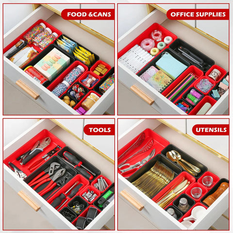 46 Piece Tool Box Organizer Tray Set With Five Sizes And 15Lb Magnetic Pickup Pen for organizing food, office supplies, tools, utensils in drawers.
