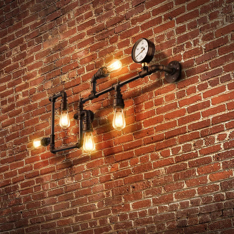Industrial Retro Vintage Style Farmhouse Steam Punk Water Pipe Wall Sconce Light Dope Rustic Vibe Includes Five 40W E26 Bulbs Indoor Hallway Barn Lamp 36 Inch Long 14 Inch High Black Iron Pipe Fixture