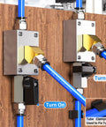 Blue One Half Inch PU Air Tubing Kit connected to pneumatic system with brass fittings and turn knobs, labeled 'Turn On' and 'Turn Off'