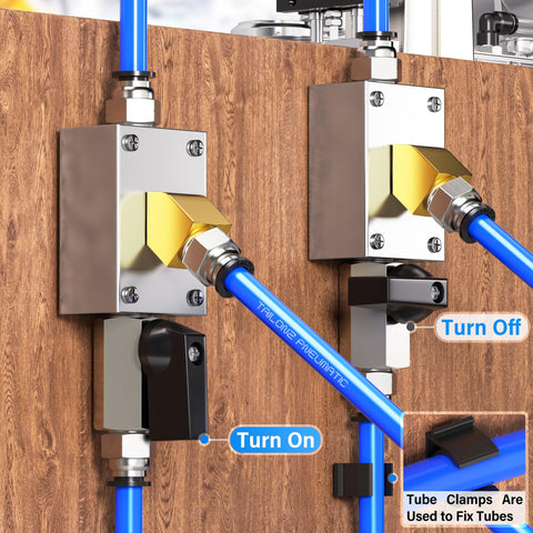 1/4 Inch Push To Connect Pneumatic Fittings Manifold Block Aluminum Splitter Pack Of 2 displayed in DIY setup with tube clamps.