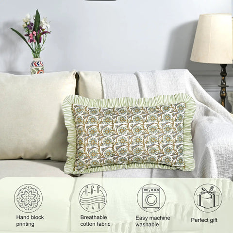 Block Print Bloom Bubbles Cotton Lumbar Sham Cover 36x14 Boho Floral Pillowcase With Ruffle Edges, Farmhouse Cottagecore Bedding, Comfy Decorative Cover, Gift For Spring Easter Valentine on sofa