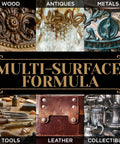 Top Shelf Microcrystalline Wax Polish Kit With Gotto Formula For Wood Leather Metal Stone Furniture And Varnish Including Handy Applicator And Cotton Buffing Rag multi-surface examples with wood, antiques, metals, tools, leather, and collectibles.