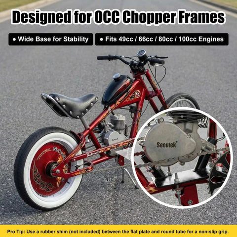 Versatile 100cc 49cc 66cc 80cc Gas 2 Stroke Chopper Engine installed on a red custom bike with white wheels