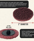 Close-up of 2 Inch Maroon Medium Grit Surface Conditioning Discs with R Type Quick Change Roll Lock Connection, Pack of 25