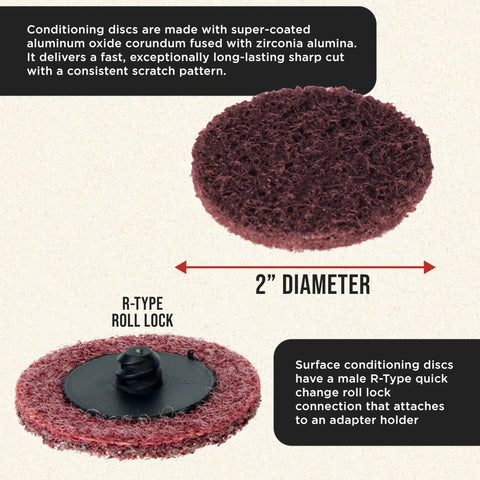 Close-up of 2 Inch Maroon Medium Grit Surface Conditioning Discs with R Type Quick Change Roll Lock Connection, Pack of 25