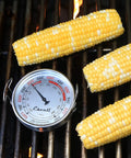 Extra Large Direct Grill Surface Thermometer With Searing Temperature Zones 100 To 650 F Range beside corn on grill