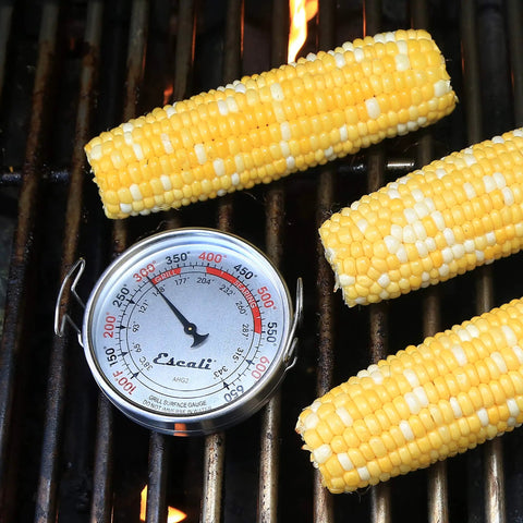 Extra Large Direct Grill Surface Thermometer With Searing Temperature Zones 100 To 650 F Range beside corn on grill