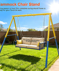 Beefy Heavy Duty Steel Swing Stand For Outdoor Use With 500Lb Capacity, Yellow stand in backyard with hammock chair.