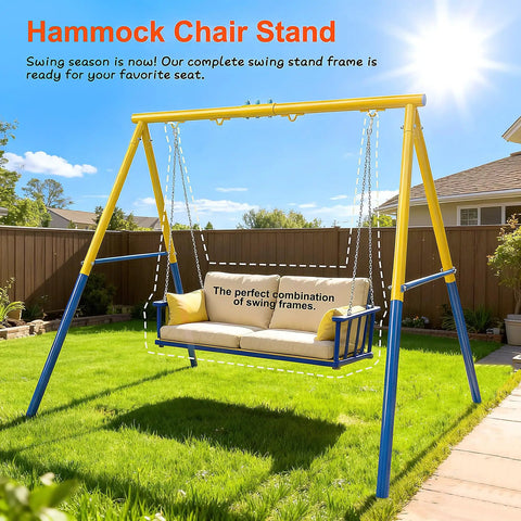 Beefy Heavy Duty Steel Swing Stand For Outdoor Use With 500Lb Capacity, Yellow stand in backyard with hammock chair.