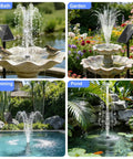 Collage of Solar Water Fountain Kit For Bird Bath With Separated Solar Panel 5 Nozzles 9.54ft Cable Pump 2.5W 5V in different settings like garden, swimming pool, and pond.