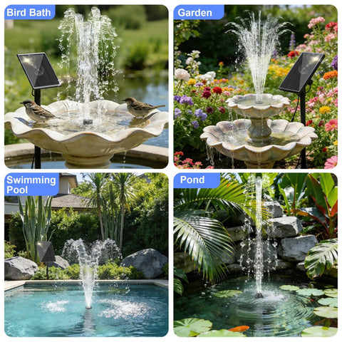 Collage of Solar Water Fountain Kit For Bird Bath With Separated Solar Panel 5 Nozzles 9.54ft Cable Pump 2.5W 5V in different settings like garden, swimming pool, and pond.
