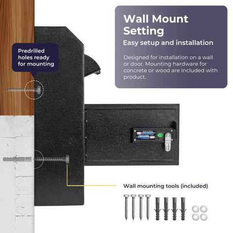 Drop Safe Box With Lock And Digital Keypad showing wall mount setup and included hardware for stores and offices.