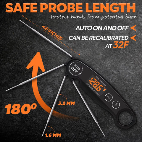 1 Second Instant Read Meat Thermometer with waterproof probe showing 180-degree rotation and auto on-off feature for grilling