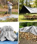 Heavy Duty 16x20 Foot Tarp With Brass Grommets And Reinforced Edges covering logs, car, camping setup, and garden leaves