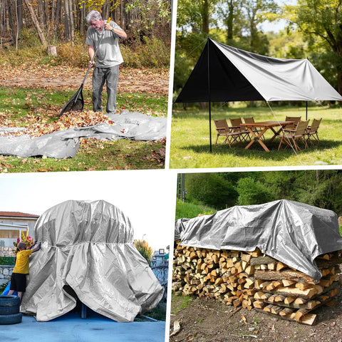 Heavy Duty 16x20 Foot Tarp With Brass Grommets And Reinforced Edges covering logs, car, camping setup, and garden leaves