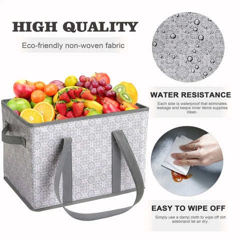 Three Pack Large Reusable Grocery Bags Water Resistant Tote That Folds Flat For Easy Storage with fruits and water-resistant fabric detail