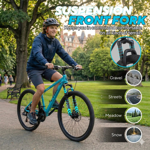 Rider on 26 Inch Mountain Bike With 21 Speed Drivetrain Dual Disc Brakes And Front Suspension Fork in park setting.