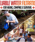 Person using High Capacity Portable Water Filtration System With Two Lightweight Hanging Bags For Backpacking, Camping, Hiking, Survival And Hunting