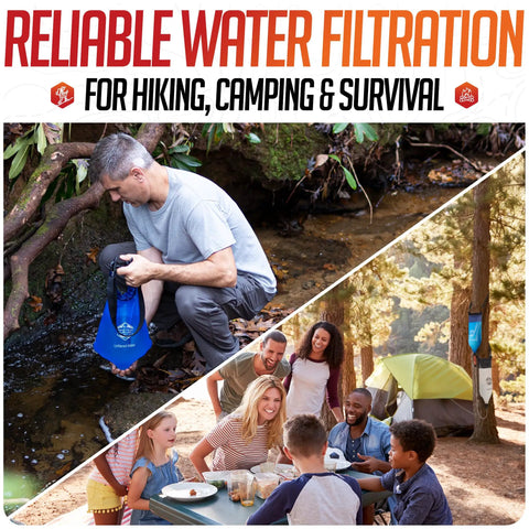 Person using High Capacity Portable Water Filtration System With Two Lightweight Hanging Bags For Backpacking, Camping, Hiking, Survival And Hunting