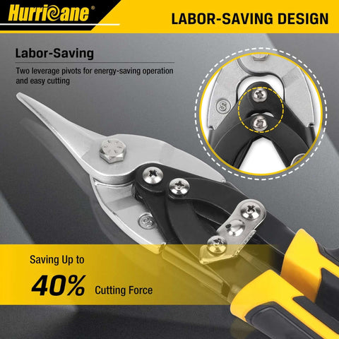 10 Inch Aviation Tin Snips With High Leverage Dual Pivot Cr-Mo Cutters, close-up on blade showing labor-saving design for sheet metal