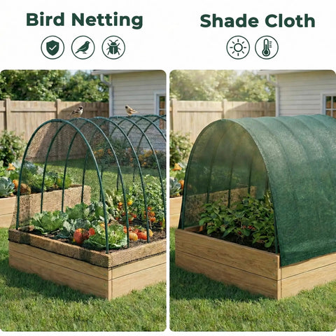 Garden Hoops for Raised Beds and Greenhouses, 24 Pack DIY Kit with 17 Inch Polypropylene Hoops, featuring bird netting and shade cloth