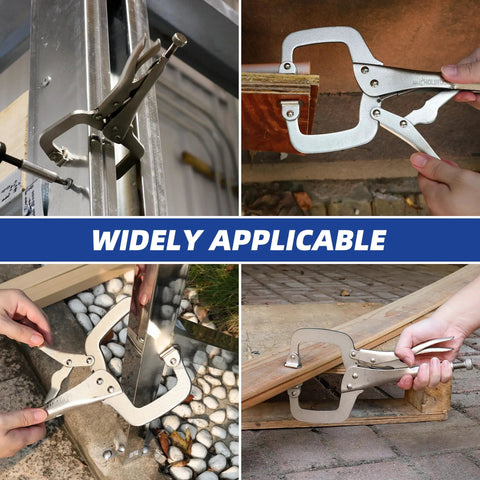 11 Inch C Clamp Locking Pliers With Swivel Pads used in welding and woodworking applications on various surfaces