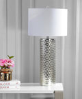 Isabella Studded Glass Table Lamp, 30-Inch Contemporary Glam Silver Leaf Base With White Linen Drum Shade on table