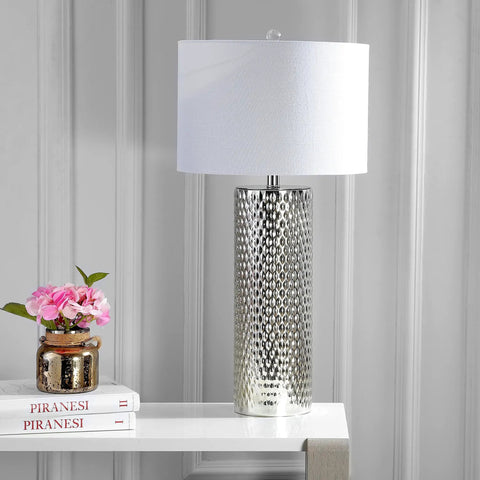Isabella Studded Glass Table Lamp, 30-Inch Contemporary Glam Silver Leaf Base With White Linen Drum Shade on table