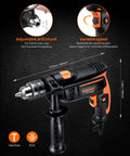 Beast 1/2 Inch 6 Amp Corded Hammer Drill Kit with variable speed and all metal 1/2 inch chuck, shown in black and orange design.