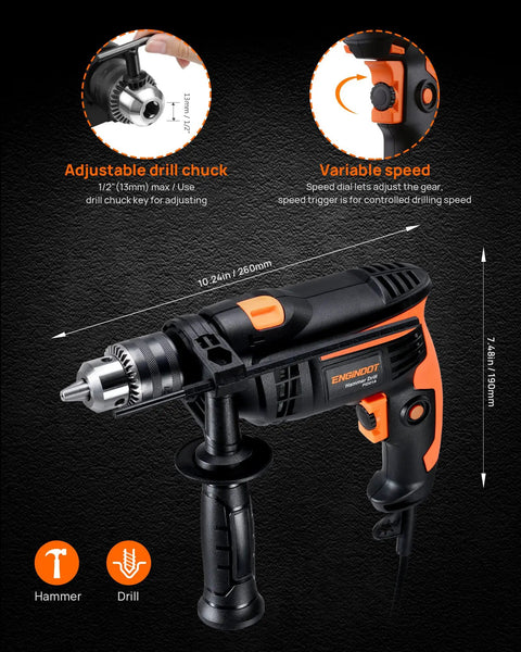 Beast 1/2 Inch 6 Amp Corded Hammer Drill Kit with variable speed and all metal 1/2 inch chuck, shown in black and orange design.