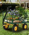Heavy Duty 4 In 1 Steel Garden Cart on grass, loaded with potted plants, dark green frame, yellow hubs, mesh sides visible.