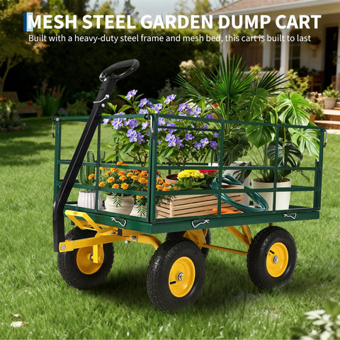 Heavy Duty 4 In 1 Steel Garden Cart on grass, loaded with potted plants, dark green frame, yellow hubs, mesh sides visible.