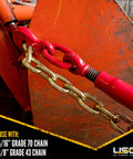 Heavy Duty Two Pack 5/16 Inch Grade 70 Ratchet Load Binders with 5400 lbs limit securing Grade 43 chain, close-up view