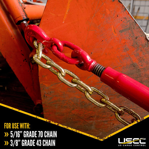 Heavy Duty Two Pack 5/16 Inch Grade 70 Ratchet Load Binders with 5400 lbs limit securing Grade 43 chain, close-up view