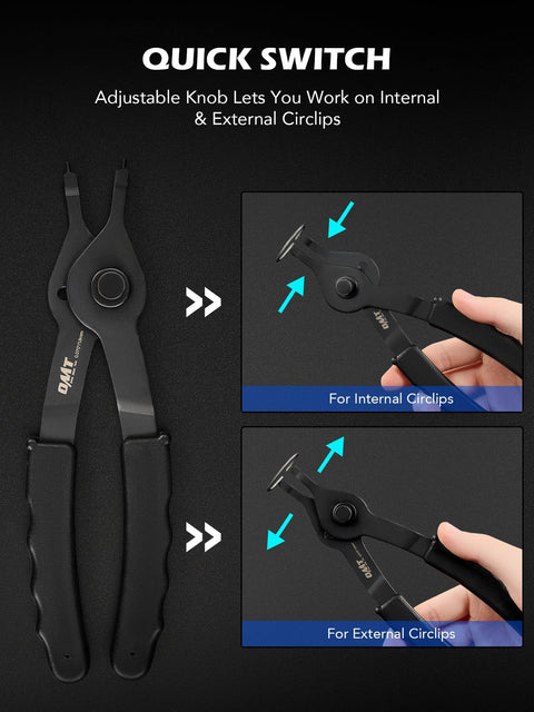 10 Piece Snap Ring Pliers Set For Internal And External Circlips with straight and bent pliers in use demonstration