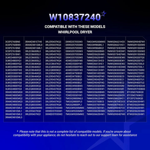 Compatible models list for Beefy Dryer Idler Pulley W10837240 Whirlpool Kenmore dryers on blue background