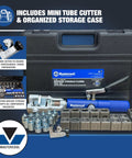 Mastercool universal hydraulic flaring tool set with blue-handled ram in carrying case and mini tube cutter