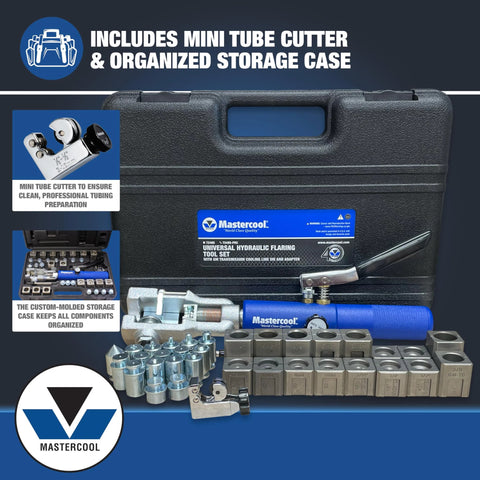 Mastercool universal hydraulic flaring tool set with blue-handled ram in carrying case and mini tube cutter