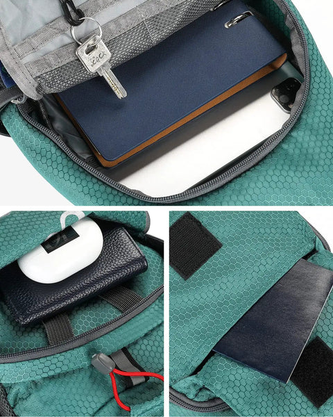 Interior compartments of the Packable Small Crossbody Sling Backpack for Hiking and Travel, showing space with key, book, and phone.